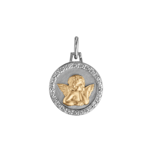 PENDENTIF ARGENT RHODIÉ ET ARGENT DORÉ ROND 15MM ANGE CONTOUR OXYDES BLANCS SERTIS