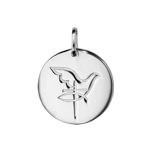PENDENTIF ARGENT RHODIÉ MEDAILLE RONDE COLOMBE AVEC CROIX