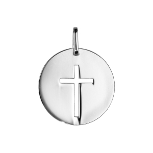PENDENTIF ARGENT RHODIÉ MEDAILLE RONDE AVEC CROIX AJOUREE
