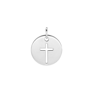 PENDENTIF ARGENT RHODIÉ MEDAILLE RONDE AVEC CROIX AJOUREE