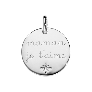 PENDENTIF ARGENT RHODIÉ PASTILLE  MAMAN JE T'AIME 1 OXYDE BLANC SERTI