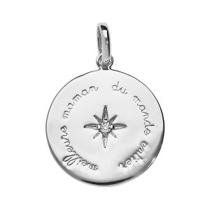 PENDENTIF ARGENT RHODIÉ ROND  MEILLEURE MAMAN DU MONDE ENTIER AVEC OXYDE BLANC SERTI