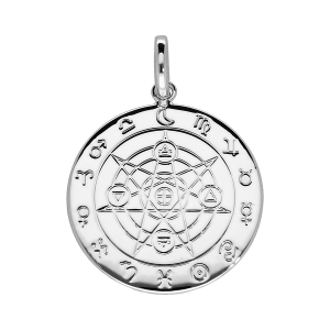 PENDENTIF ARGENT RHODIÉ DISQUE GRAVURE ASTROLOGIQUE