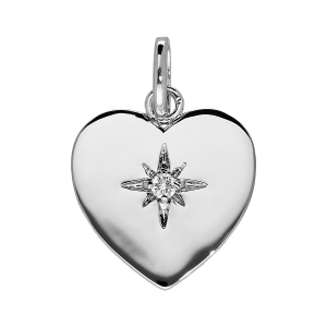PENDENTIF ARGENT RHODIÉ COEUR LISSE AVEC ETOILE OXYDE BLANC SERTI