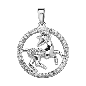 PENDENTIF ARGENT RHODIÉ ZODIAQUE BÉLIER ROND CONTOUR OXYDES BLANCS SERTIS