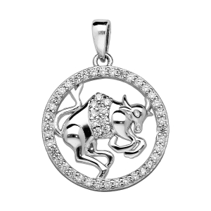 PENDENTIF ARGENT RHODIÉ ZODIAQUE TAUREAU ROND CONTOUR OXYDES BLANCS SERTIS