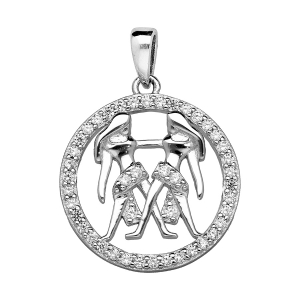 PENDENTIF ARGENT RHODIÉ ZODIAQUE GÉMEAUX ROND CONTOUR OXYDES BLANCS SERTIS