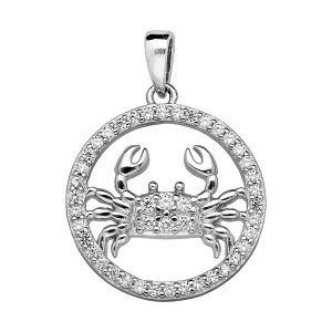 PENDENTIF ARGENT RHODIÉ ZODIAQUE CANCER ROND CONTOUR OXYDES BLANCS SERTIS