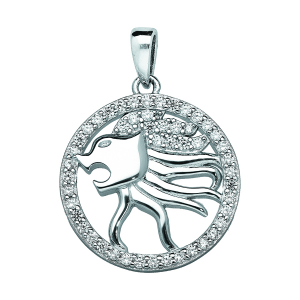 PENDENTIF ARGENT RHODIÉ ZODIAQUE LION ROND CONTOUR OXYDES BLANCS SERTIS