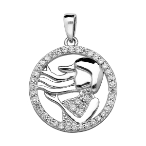 PENDENTIF ARGENT RHODIÉ ZODIAQUE VIERGE ROND CONTOUR OXYDES BLANCS SERTIS