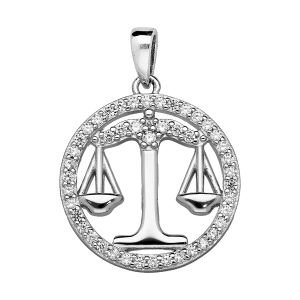 PENDENTIF ARGENT RHODIÉ ZODIAQUE BALANCE ROND CONTOUR OXYDES BLANCS SERTIS