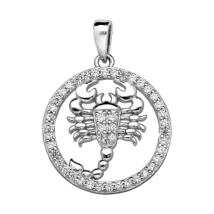 PENDENTIF ARGENT RHODIÉ ZODIAQUE SCORPION ROND CONTOUR OXYDES BLANCS SERTIS