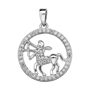 PENDENTIF ARGENT RHODIÉ ZODIAQUE SAGITTAIRE ROND CONTOUR OXYDES BLANCS SERTIS