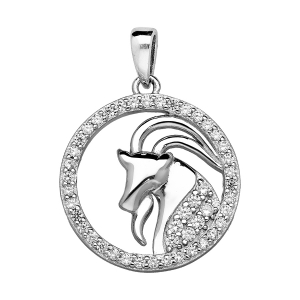 PENDENTIF ARGENT RHODIÉ ZODIAQUE CAPRICORNE ROND CONTOUR OXYDES BLANCS SERTIS