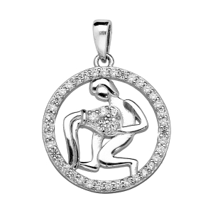 PENDENTIF ARGENT RHODIÉ ZODIAQUE VERSEAU ROND CONTOUR OXYDES BLANCS SERTIS