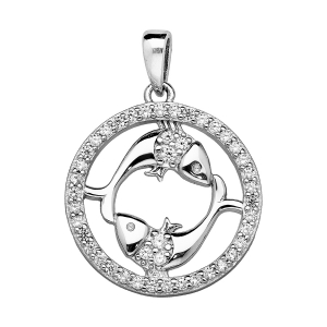 PENDENTIF ARGENT RHODIÉ ZODIAQUE POISSON ROND CONTOUR OXYDES BLANCS SERTIS