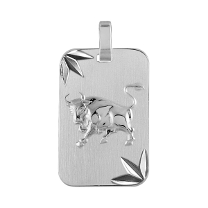 PENDENTIF ZODIAQUE PLAQUE GI TAUREAU ARGENT RHODIE DIAMANTÉ ETOILE