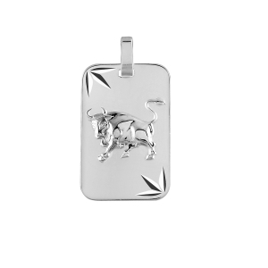 PENDENTIF ZODIAQUE PLAQUE GI TAUREAU ARGENT RHODIÉ DIAMANTÉ ETOILE