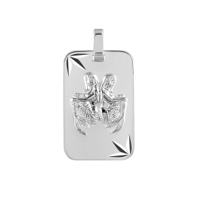 PENDENTIF ZODIAQUE PLAQUE GI GÉMEAUX ARGENT RHODIÉ DIAMANTÉ ETOILE