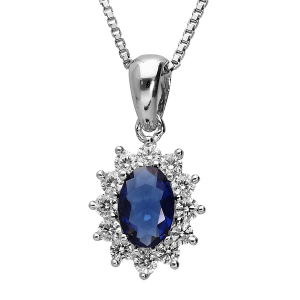 COLLIER ARGENT RHODIÉ ROYAL  PIERRE SYNTHETIQUE BLEUE ENTOURAGE BLANCHES EN 42 CM