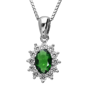 COLLIER ARGENT RHODIÉ ROYAL  PIERRE SYNTHETIQUE VERTE ENTOURAGE BLANCHES EN 42 CM