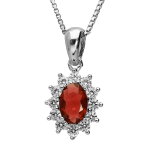 COLLIER ARGENT RHODIÉ ROYAL  PIERRE SYNTHETIQUE ROUGE ENTOURAGE BLANCHES EN 42 CM
