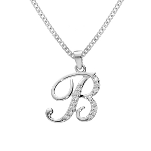 COLLIER ARGENT RHODIÉ PENDENTIF INITIALE B OXYDES BLANCS SERTIS 42+3CM