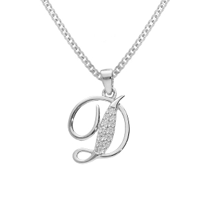 COLLIER ARGENT RHODIÉ PENDENTIF INITIALE  D  OXYDES BLANCS SERTIS 42+3CM