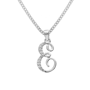 COLLIER ARGENT RHODIÉ PENDENTIF INITIALE  E  OXYDES BLANCS SERTIS 42+3CM