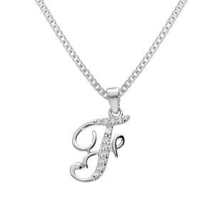 COLLIER ARGENT RHODIÉ PENDENTIF INITIALE  F  OXYDES BLANCS SERTIS 42+3CM