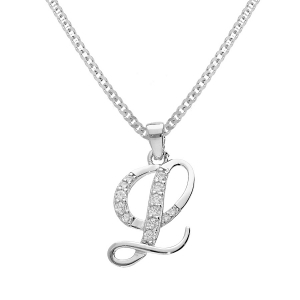 COLLIER ARGENT RHODIÉ PENDENTIF INITIALE  L  OXYDES BLANCS SERTIS 42+3CM