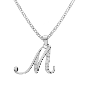 COLLIER ARGENT RHODIÉ PENDENTIF INITIALE  M  OXYDES BLANCS SERTIS 42+3CM