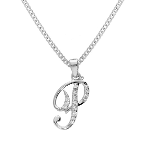 COLLIER ARGENT RHODIÉ PENDENTIF INITIALE  P  OXYDES BLANCS SERTIS 42+3CM