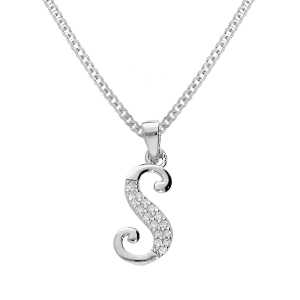 COLLIER ARGENT RHODIÉ PENDENTIF INITIALE  S  OXYDES BLANCS SERTIS 42+3CM