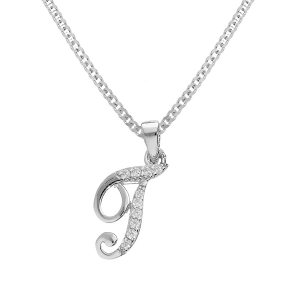 COLLIER ARGENT RHODIÉ PENDENTIF INITIALE  T  OXYDES BLANCS SERTIS 42+3CM