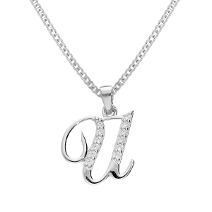 COLLIER  ARGENT RHODIÉ PENDENTIF INITIALE  U  OXYDES BLANCS SERTIS 42+3CM