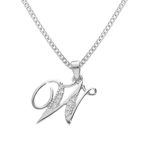 COLLIER ARGENT RHODIÉ PENDENTIF INITIALE  W  OXYDES BLANCS SERTIS 42+3CM