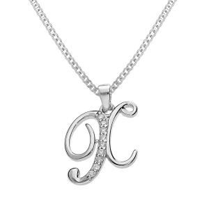 COLLIER ARGENT RHODIÉ PENDENTIF INITIALE  X  OXYDES BLANCS SERTIS 42+3CM