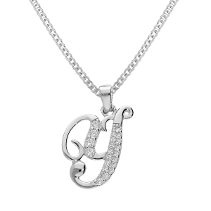 COLLIER ARGENT RHODIÉ PENDENTIF INITIALE  Y  OXYDES BLANCS SERTIS 42+3CM