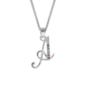 COLLIER ARGENT RHODIÉ PENDENTIF INITIALE A OXYDES MULTI COULEURS SERTIS 42+3CM