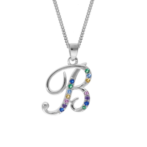 COLLIER ARGENT RHODIÉ PENDENTIF INITIALE B OXYDES MULTI COULEURS SERTIS 42+3CM