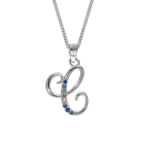 COLLIER ARGENT RHODIÉ PENDENTIF INITIALE C  OXYDES MULTI COULEURS SERTIS 42+3CM