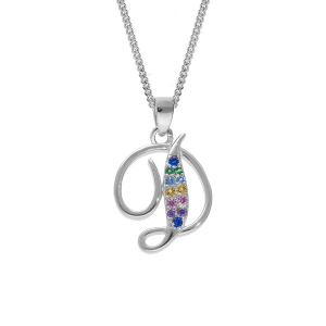 COLLIER ARGENT RHODIE PENDENTIF INITIALE  D  OXYDES MULTI COULEURS SERTIS 42+3CM