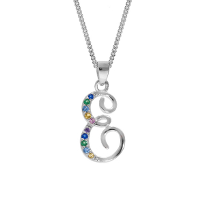 COLLIER ARGENT RHODIÉ PENDENTIF INITIALE  E  OXYDES MULTI COULEURS SERTIS 42+3CM