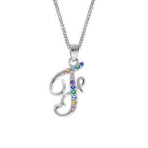 COLLIER ARGENT RHODIÉ PENDENTIF INITIALE  F  OXYDES MULTI COULEURS SERTIS 42+3CM