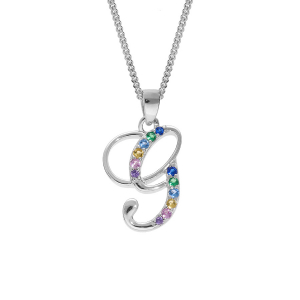 COLLIER ARGENT RHODIÉ PENDENTIF INITIALE  G  OXYDES MULTI COULEURS SERTIS  42+3CM