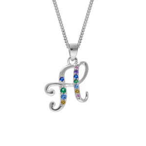 COLLIER  ARGENT RHODIÉ PENDENTIF INITIALE  H  OXYDES MULTI COULEURS SERTIS 42+3CM