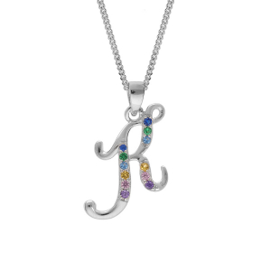 COLLIER ARGENT RHODIÉ PENDENTIF INITIALE  K  OXYDES MULTI COULEURS SERTIS 42+3CM