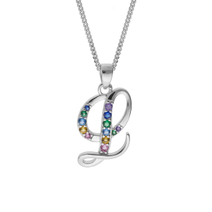 COLLIER ARGENT RHODIÉ PENDENTIF INITIALE  L  OXYDES MULTI COULEURS SERTIS 42+3CM