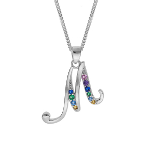 COLLIER ARGENT RHODIÉ PENDENTIF INITIALE  M  OXYDES MULTI COULEURS SERTIS 42+3CM